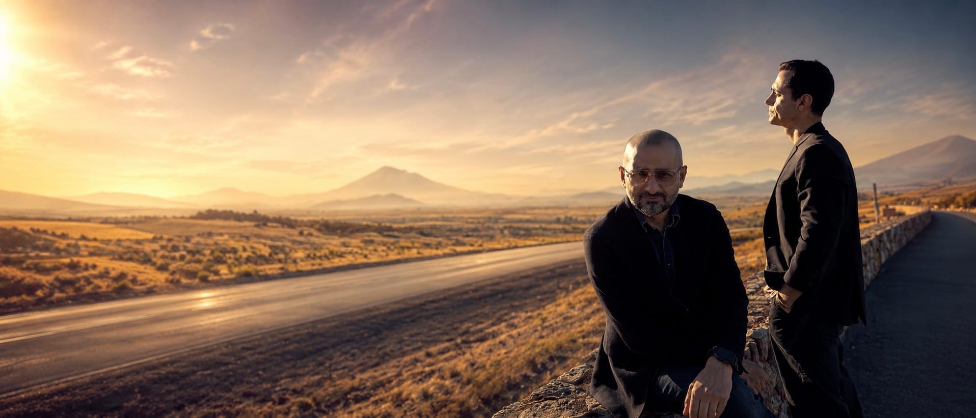 Hristo Vitchev and Jivko Petrov beside a desert highway at sunset